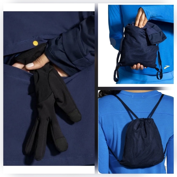 Brooks Fusion Hybrid Jacket Navy Blue Bolt Packable Built-In Mesh Backpack - Picture 4 of 16